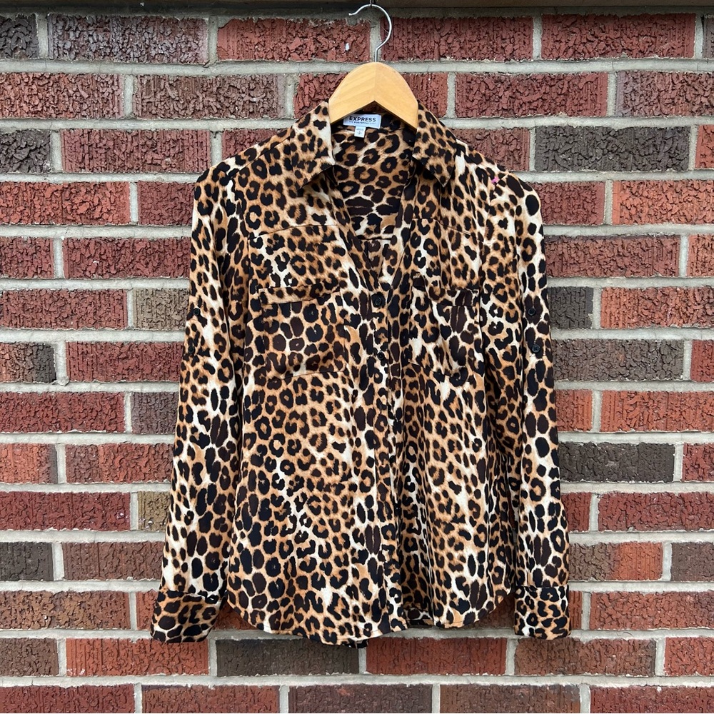 Express Black and Tan Portofino Cheetah Print Button Down Chiffon Shirt